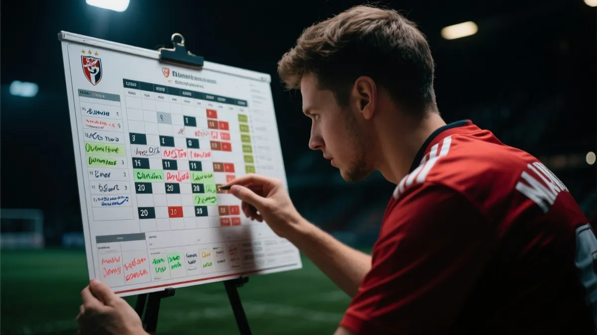 球迷在看赛程表与积分榜，标注关键场次与净胜球策略